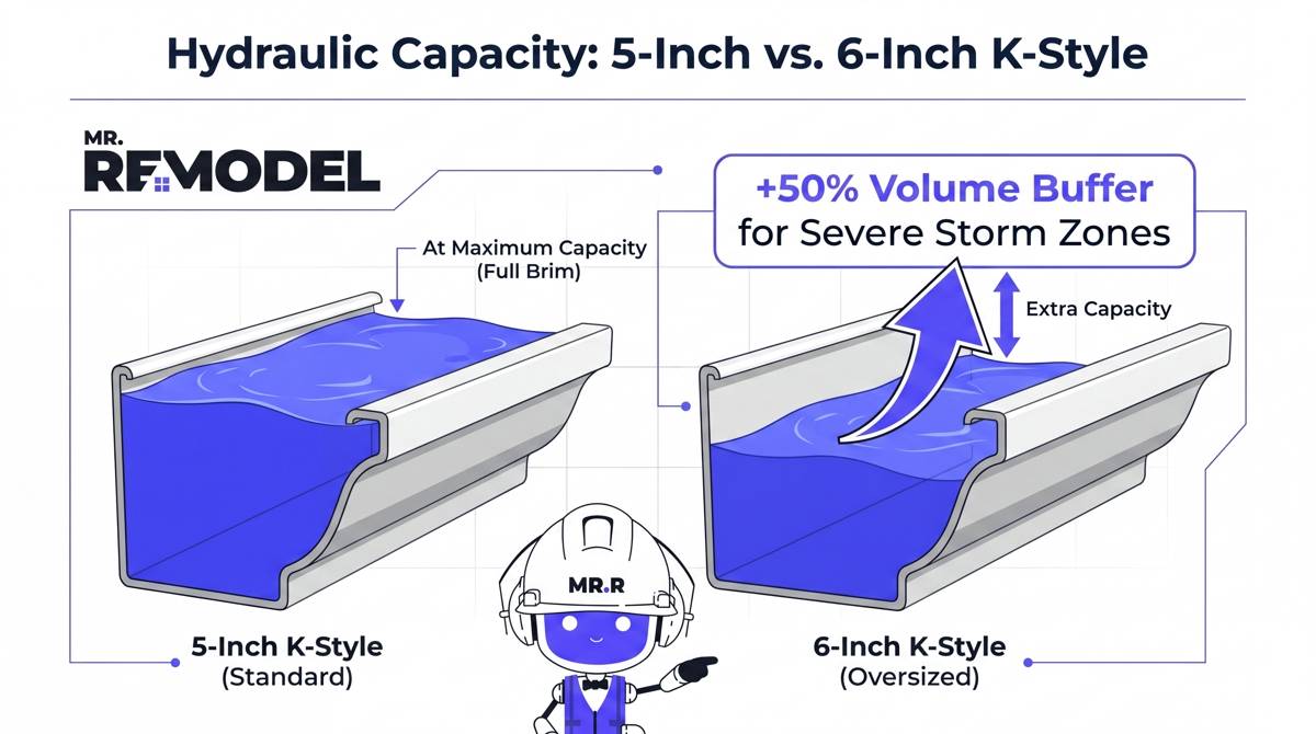 A technical 3D schematic illustrating the 50% water volume capacity increase when upgrading from a 5-inch to a 6-inch K-style gutter system.